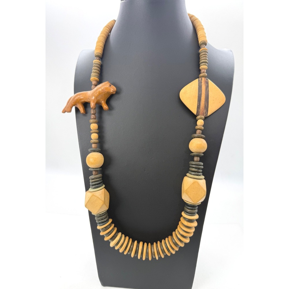 Primitive Vintage Hand Carved Wood Lion Bead Necklace Asymmetrical Safari Gift
